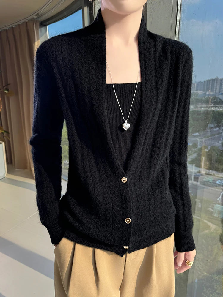 Cárdigan con cuello de bufanda para mujer, Tops, Otoño Invierno, nuevo suéter elegante de lana merina de 100%, suéter de lana elegante para mujer, blusa suave elegante
