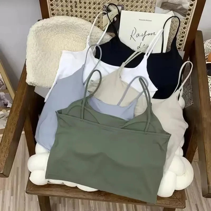 Top con sujetador de verano para mujer, Top corto de seda helada, Tops de tubo sin costuras, camisola, ropa interior, moda coreana, Bralette con relleno liso, chaleco