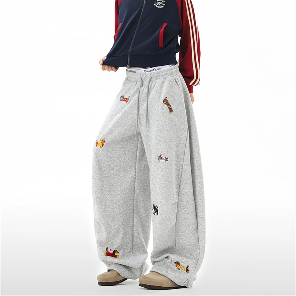 Pantalones de chándal holgados con bordado de perro salchicha, joggers casuales de pierna ancha, estilo streetwear para parejas, divertidos, a la moda y cómodos.