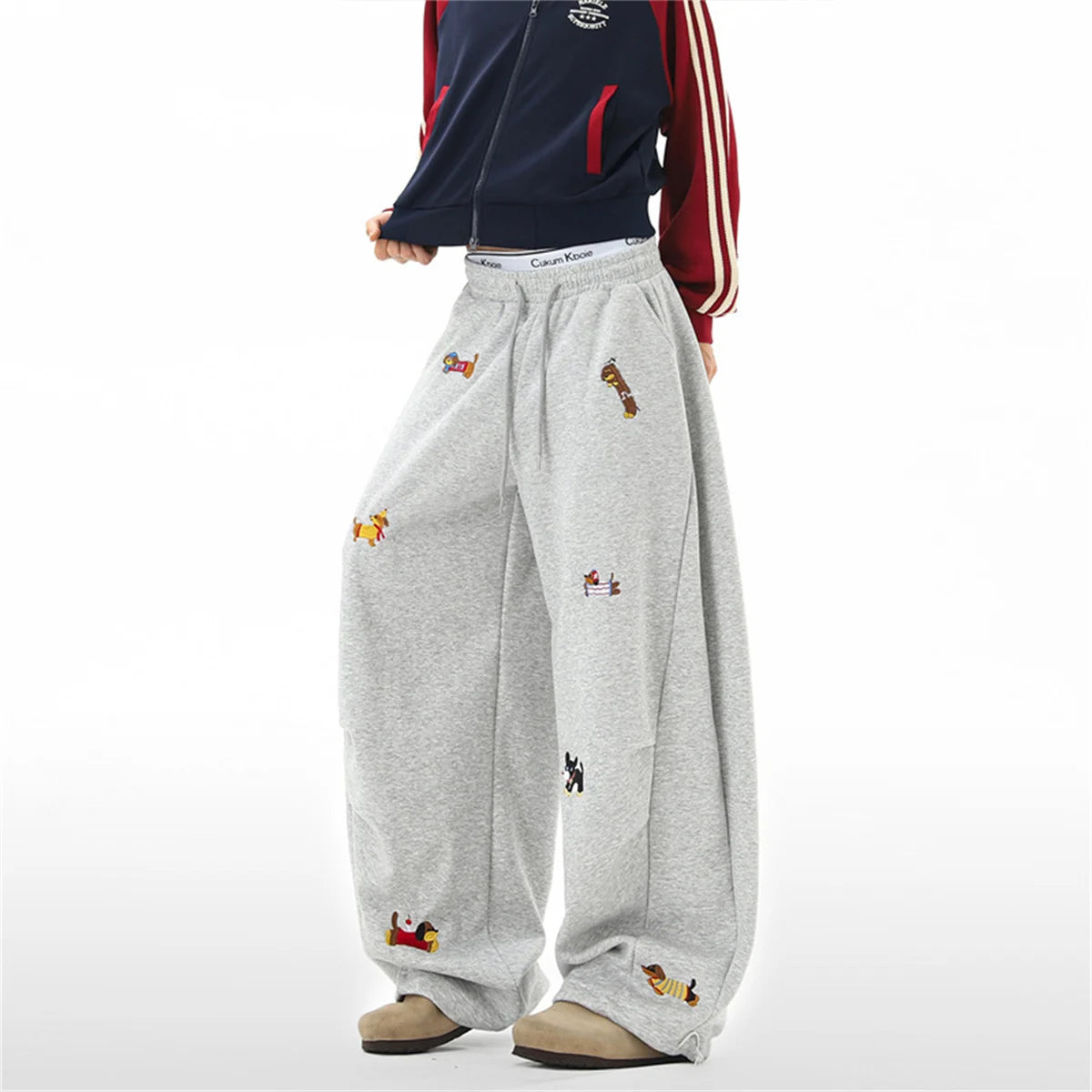 Pantalones de chándal holgados con bordado de perro salchicha, joggers casuales de pierna ancha, estilo streetwear para parejas, divertidos, a la moda y cómodos.