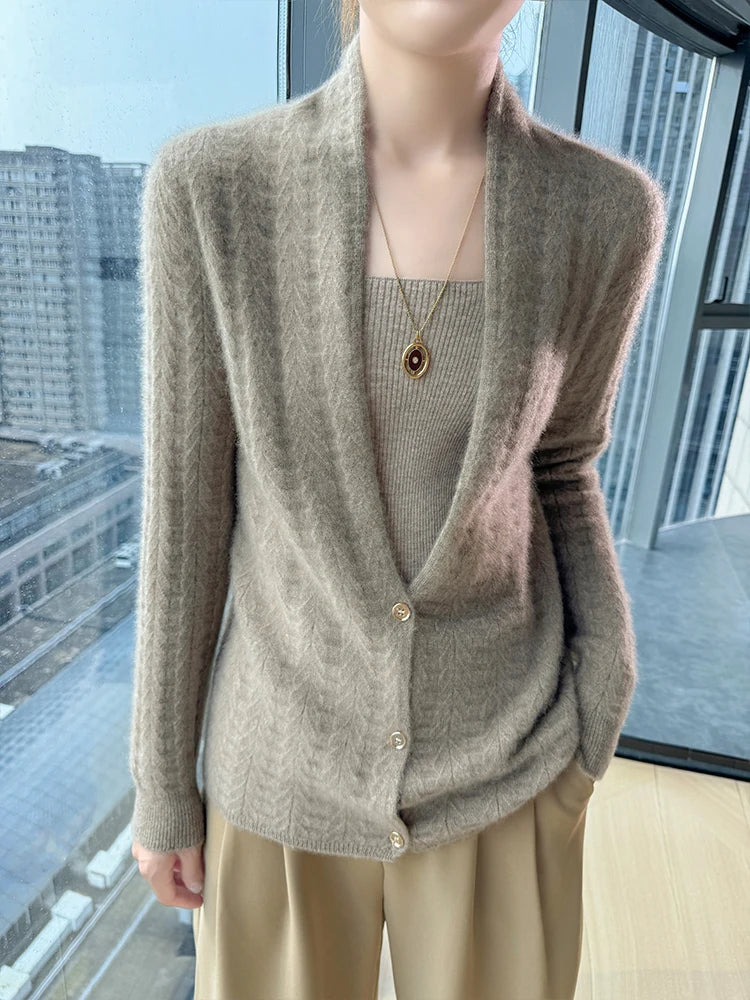 Cárdigan con cuello de bufanda para mujer, Tops, Otoño Invierno, nuevo suéter elegante de lana merina de 100%, suéter de lana elegante para mujer, blusa suave elegante