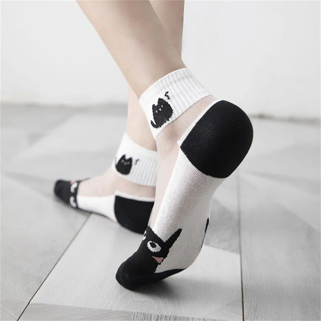 Dreamlikelin 5 par/lote calcetines de verano blanco y negro gato seda de cristal transpirable calcetines femeninos calcetines cortos simples