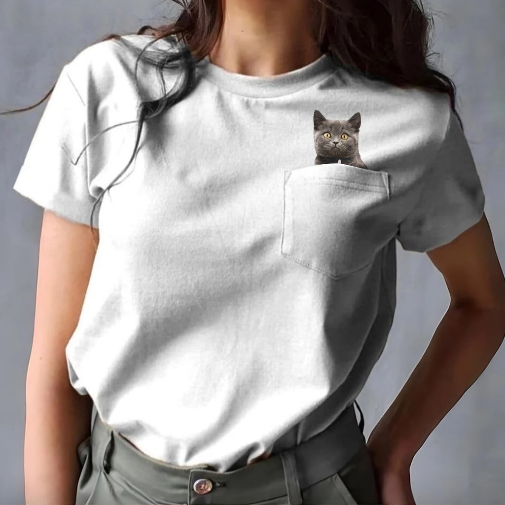CLOOCL-Camiseta divertida de gato para mujer con diseño de gato en el bolsillo.