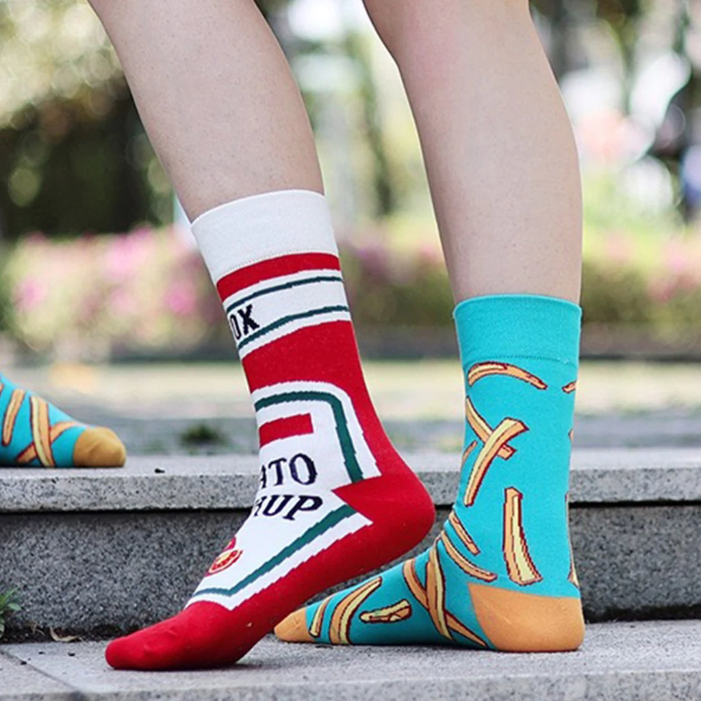1 par Unisex divertido estilo AB tomate Ketchup French Fry impreso calcetines a media pantorrilla traje en todas las estaciones