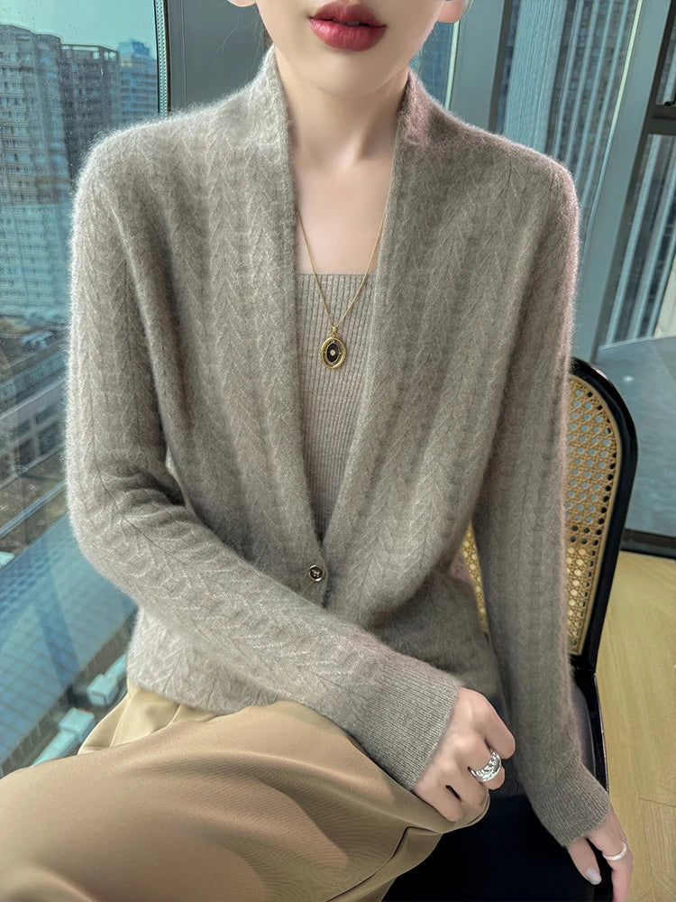 Cárdigan con cuello de bufanda para mujer, Tops, Otoño Invierno, nuevo suéter elegante de lana merina de 100%, suéter de lana elegante para mujer, blusa suave elegante
