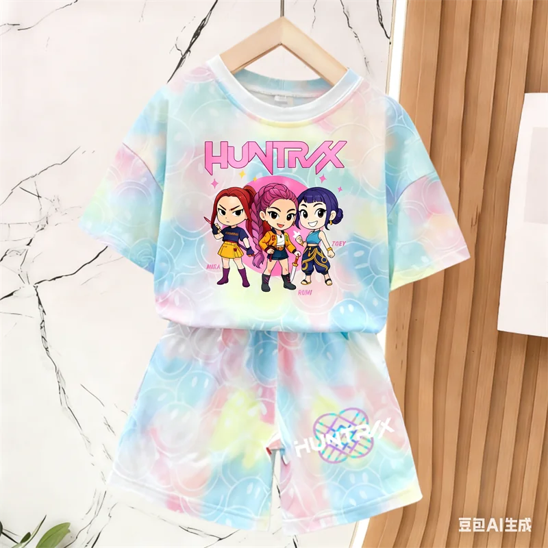 Nuevo Conjunto de Camiseta y Pantalones para Niñas, Ropa de Verano, Conjunto de Manga Corta con Estampado de Cara Sonriente, Conjunto de Camiseta y Pantalones Cortos para Niños