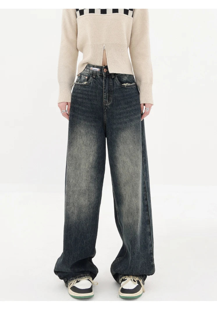 Ropa de calle Harajuku, moda Retro, pantalones vaqueros de cintura alta para mujer, pantalones vaqueros holgados rectos de pierna ancha Y2K, pantalones holgados