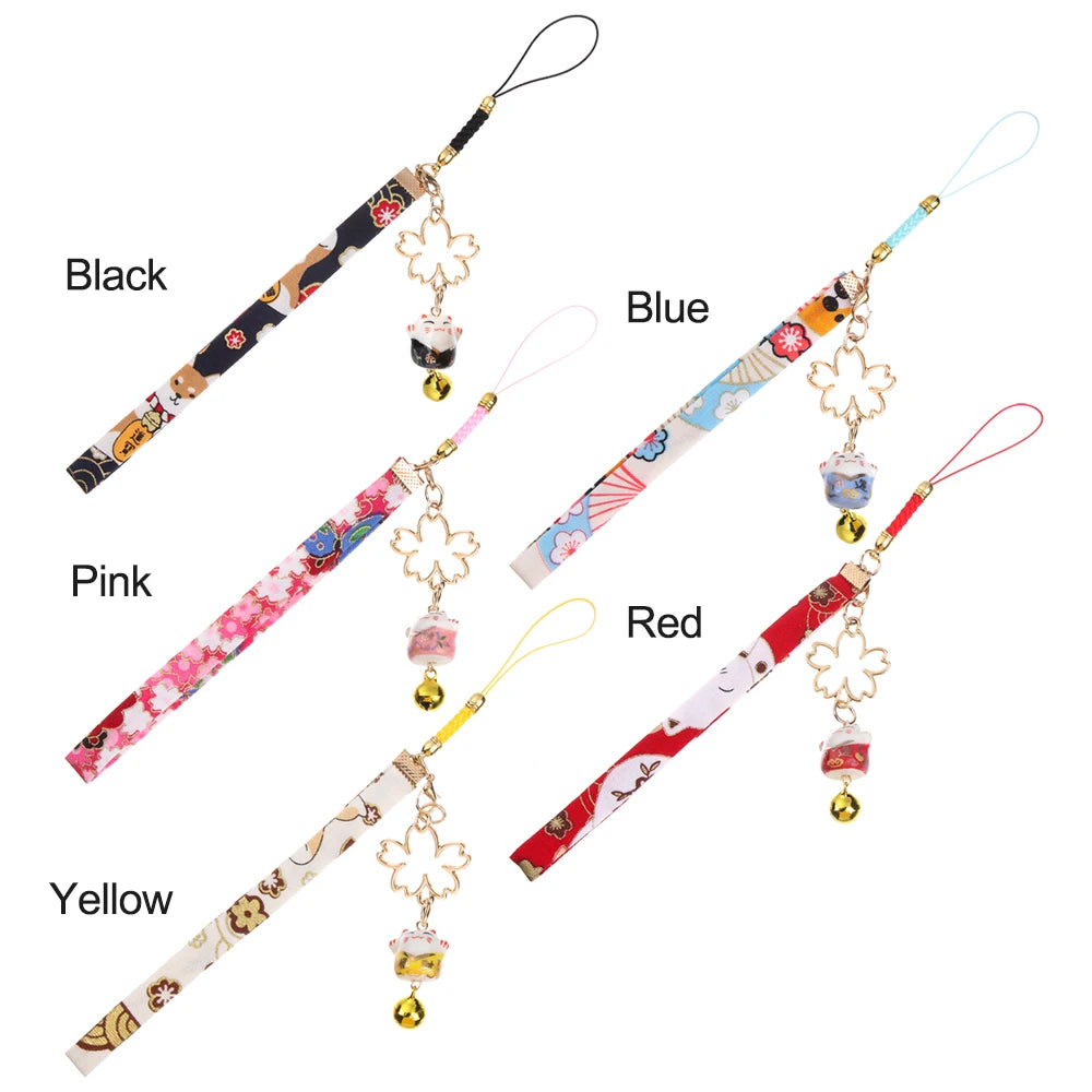 Cordón de correa para teléfono, cuerda colgante de muñeca, estilo japonés, antipérdida, Sakura, gato de la suerte, 1 unidad