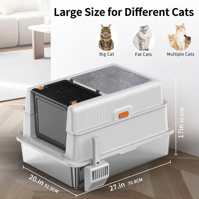 Caja de arena para gatos grande de acero inoxidable XXXL con tapa y almohadilla raspadora, 70 cm adecuada para cajas de arena para gatos de acero inoxidable extragrandes, 180 °     Tapa abatible y diseño tres en uno, adecua