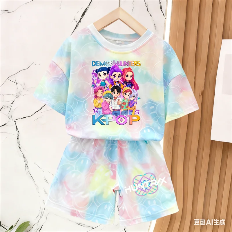 Nuevo Conjunto de Camiseta y Pantalones para Niñas, Ropa de Verano, Conjunto de Manga Corta con Estampado de Cara Sonriente, Conjunto de Camiseta y Pantalones Cortos para Niños