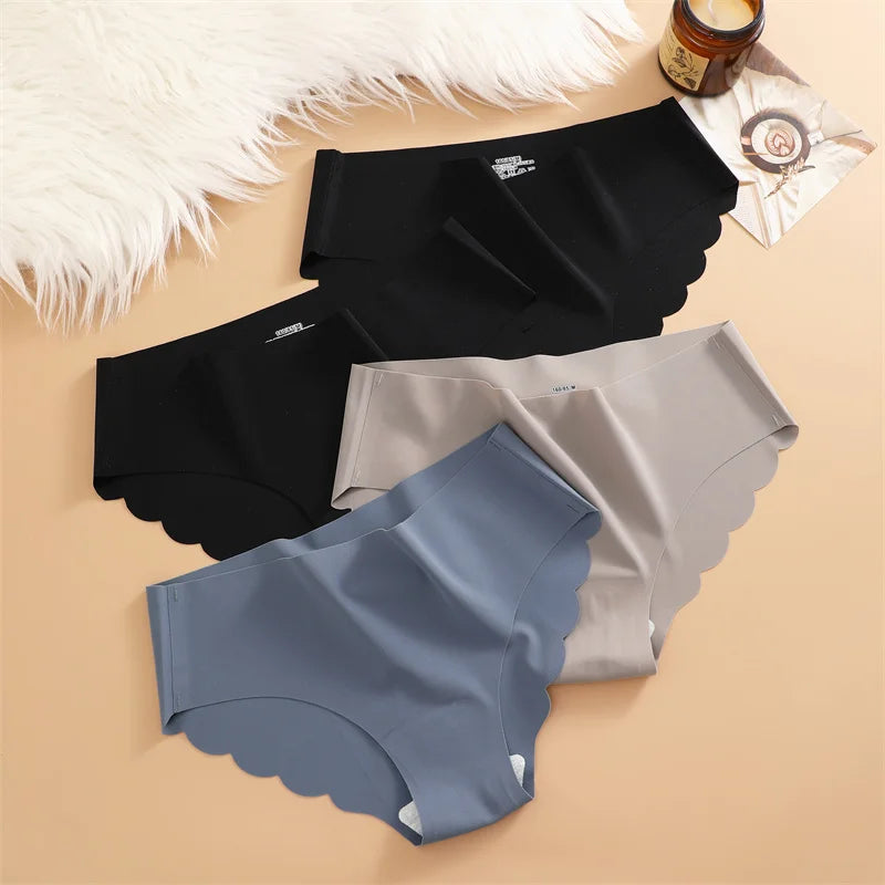 Bragas sin costuras de seda de hielo, 4 unidades/juego de bragas para mujer, ropa interior elástica de Color sólido, bragas laterales onduladas ultrafinas sin rastro