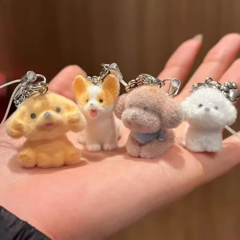 Lindo colgante de perro de resina de peluche 3D, Mini muñeca, colgante para teléfono móvil, decoración de llaves DIY, pequeño adorno artesanal