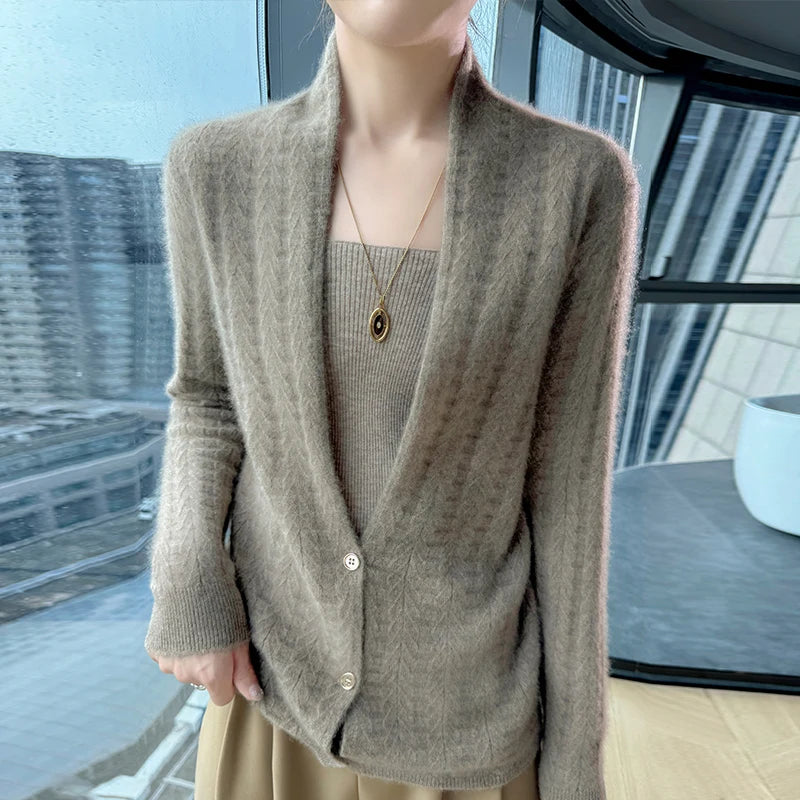 Cárdigan con cuello de bufanda para mujer, Tops, Otoño Invierno, nuevo suéter elegante de lana merina de 100%, suéter de lana elegante para mujer, blusa suave elegante