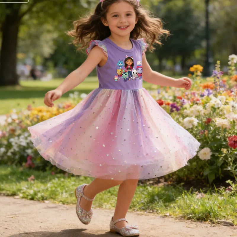 Vestido de gato de dibujos animados para niñas, vestido de princesa estampado con diadema, vestido tutú con mangas voladoras para niños, vestido de cumpleaños de Pascua