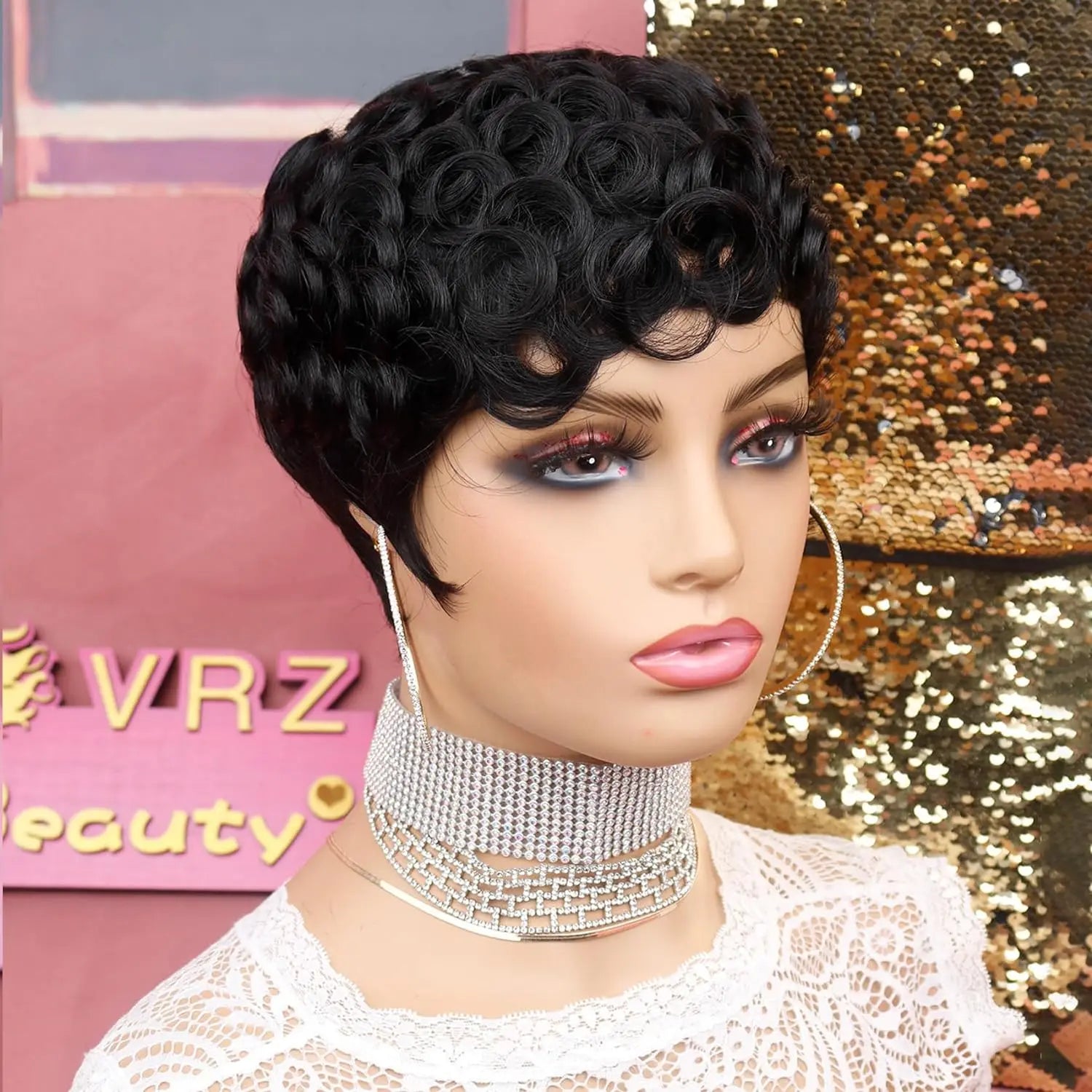 Pelucas cortas de Pixie para mujeres negras, pelucas cortas negras rizadas de Pixie, pelucas de pelo sintético para mujeres negras, Ondulado Natural, corte Pixie negro W
