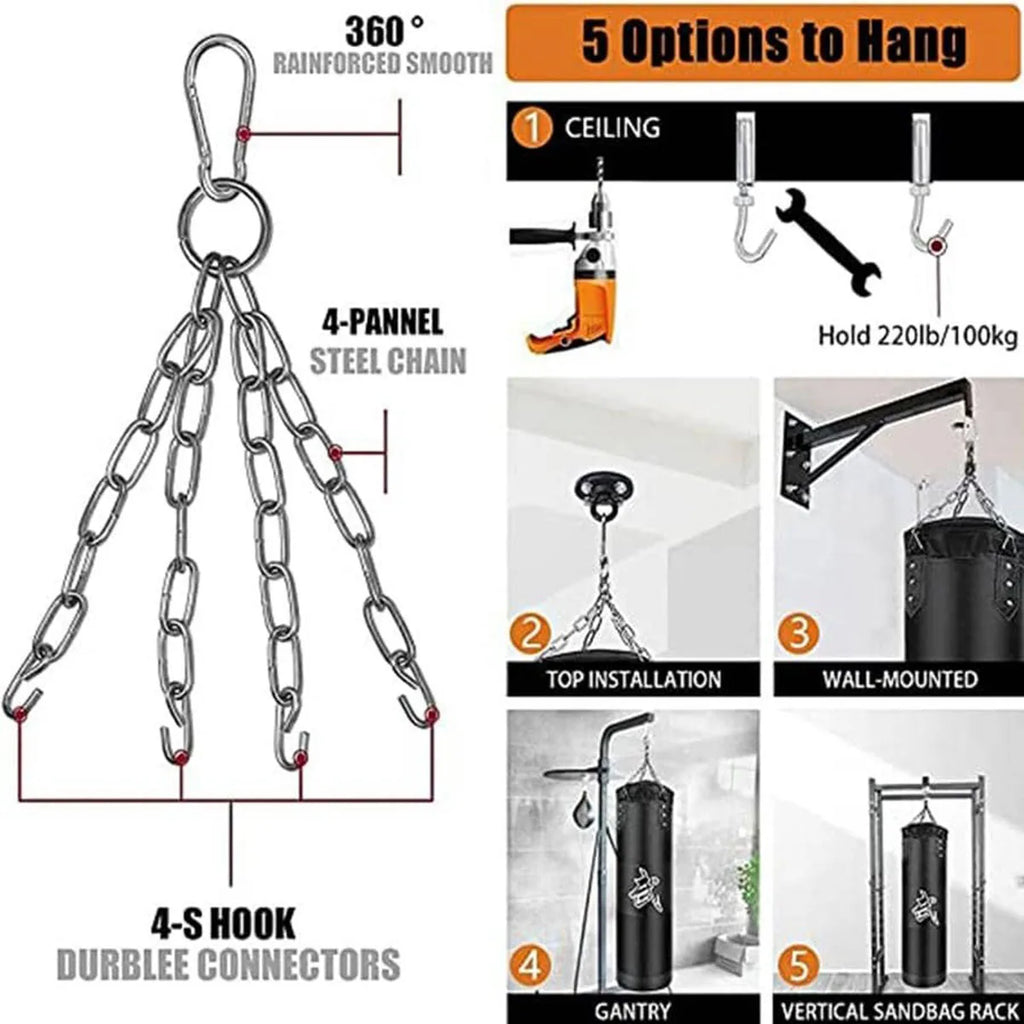 Juego de saco de boxeo pesado con gancho de techo, cadena de acero colgante, bolsa pesada para adultos, Muay Thai, MMA, Taekwondo, entrenamiento de gimnasio en casa