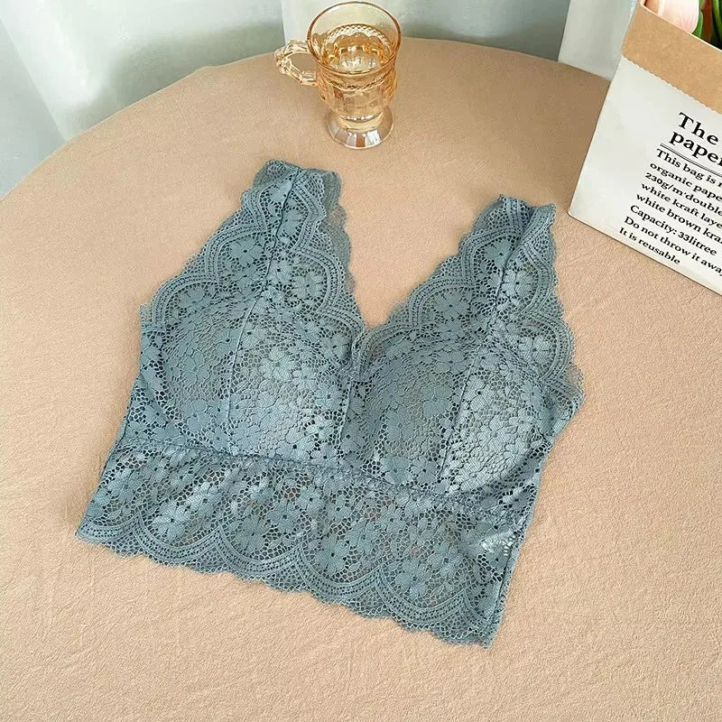 Sujetadores de encaje para mujer, Top con escote en V profundo, lencería Sexy sin aros, camisetas sin mangas, ropa interior femenina, Bralette con espalda en V, camisola acolchada