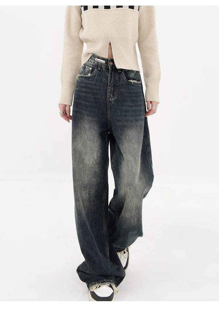 Ropa de calle Harajuku, moda Retro, pantalones vaqueros de cintura alta para mujer, pantalones vaqueros holgados rectos de pierna ancha Y2K, pantalones holgados