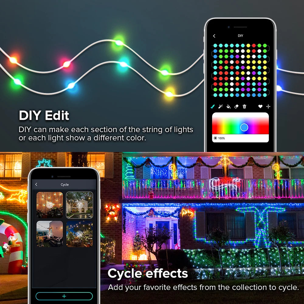Dreamcolor cadena de luces navideñas BT música WS2812B RGBIC iluminación direccionable fiesta boda guirnalda decoración al aire libre USB DC5V