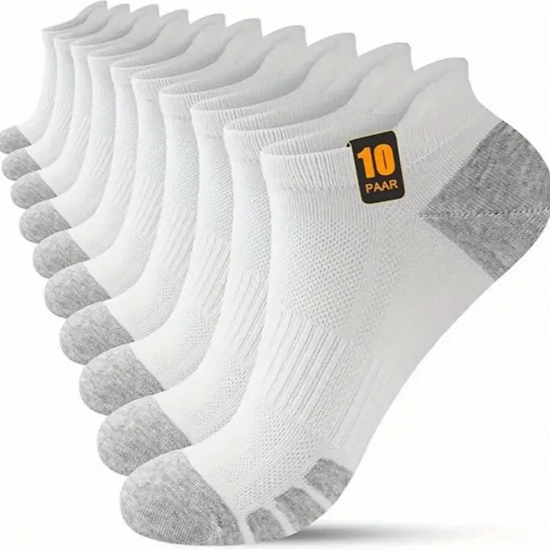 10 pares de calcetines deportivos de corte bajo de Color sólido para hombre, calcetines informales reforzados resistentes al desgaste que absorben el sudor, malla transpirable para todas las estaciones