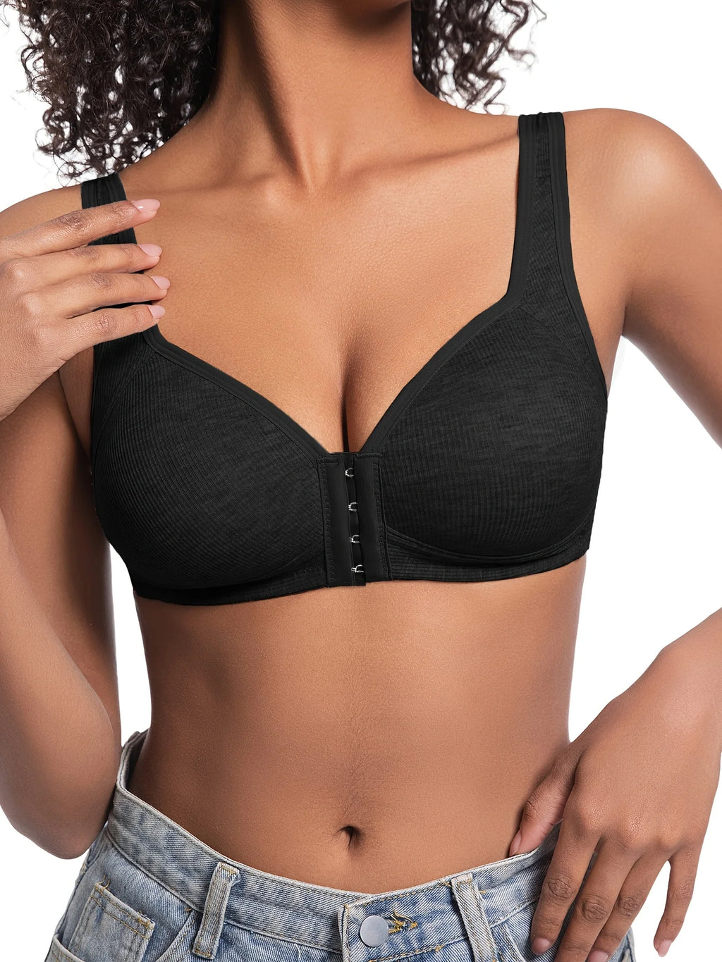 Sujetador de mujer sin aros con cierre frontal, color sólido, cobertura total, copas fijas, más consideradas para personas de mediana edad y mayores individuales