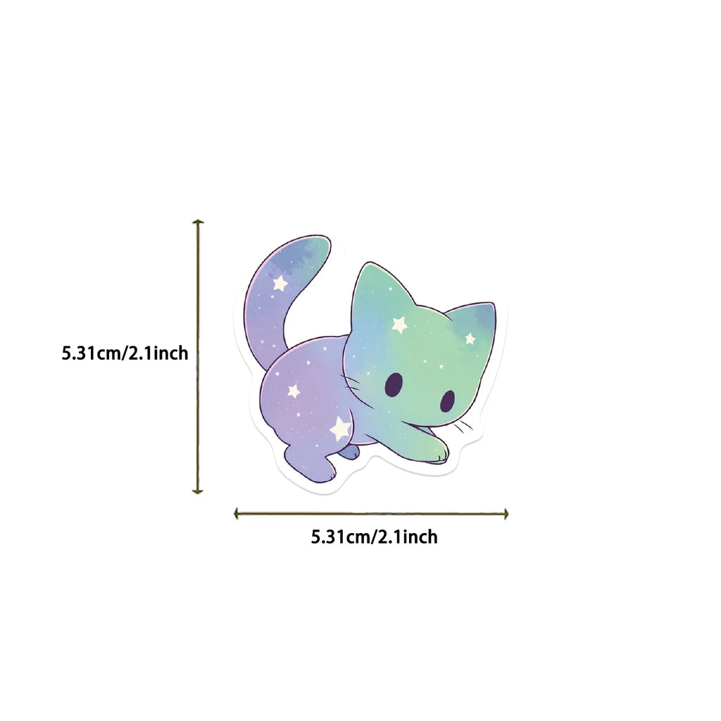 50 pegatinas de gato de cielo estrellado arcoíris de dibujos animados, pegatinas impermeables de gato estético lindo para botella de agua, computadora portátil, teléfono,