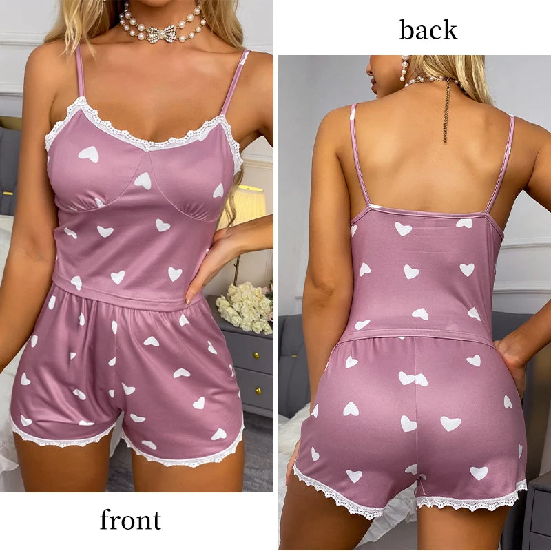 Conjunto de pijama informal con estampado de encaje y tirantes con cuello en V de dos piezas para mujer