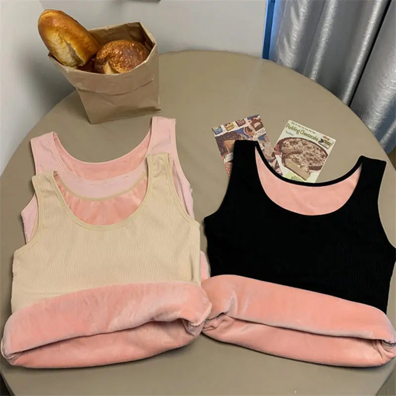 Ropa interior térmica de invierno para mujer, Top sin costuras, camisa de terciopelo, chaleco sin mangas, camiseta interior cálida para mujer, lencería Sexy de Color sólido