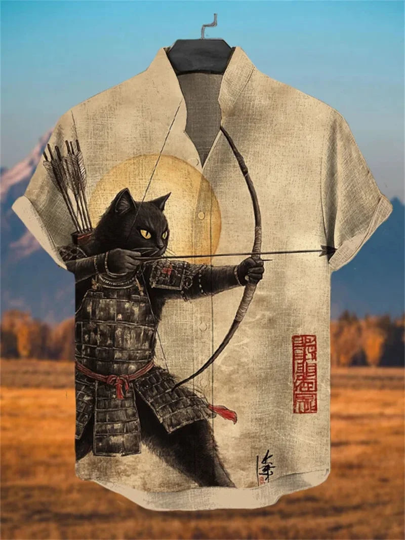 camisa de lino hombre estampado gato, camisa de manga corta con diseño artístico de gato con arco