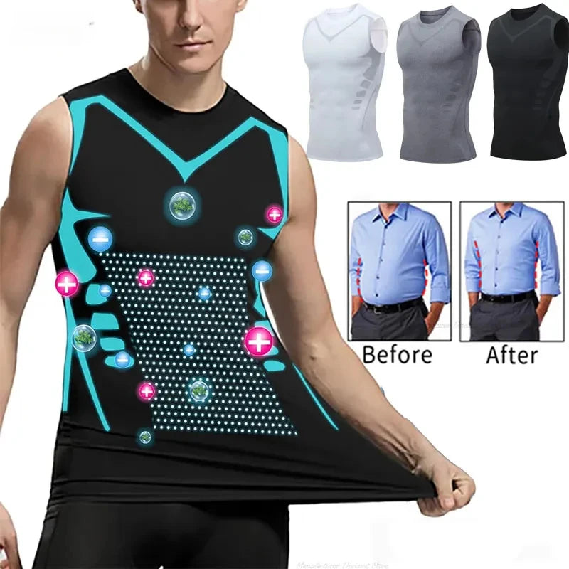 Chaleco adelgazante para hombre, camisa de compresión iónica, camiseta sin mangas moldeadora de cuerpo refrescante de seda helada, camisetas de Fitness de secado rápido con Control de barriga