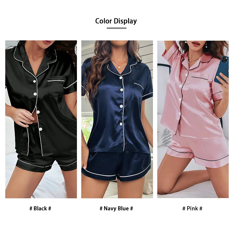 Conjunto de pijama de satén para mujer 2 piezas en colores negro, azul marino y rosa, ropa de dormir veraniega.