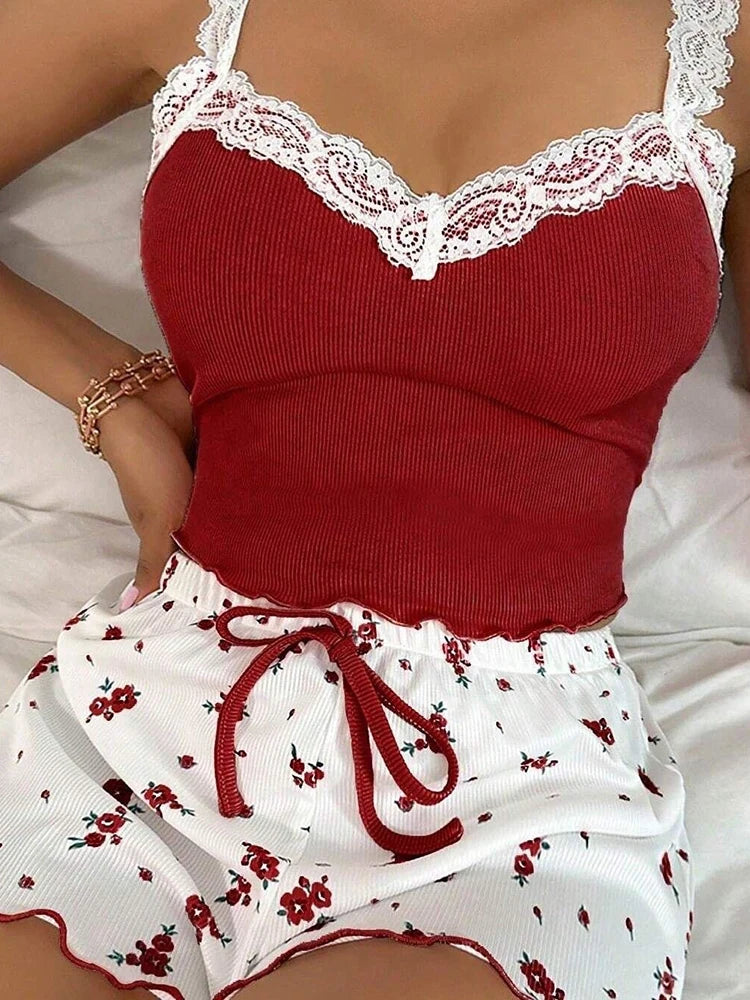 Conjunto de Pijama Sexy de Dos Piezas para Mujer, Camisola de Verano con Estampado Floral y Ribetes de Encaje, y Pantalones Cortos con Lazo