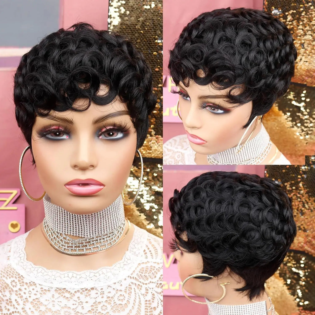 Pelucas cortas de Pixie para mujeres negras, pelucas cortas negras rizadas de Pixie, pelucas de pelo sintético para mujeres negras, Ondulado Natural, corte Pixie negro W