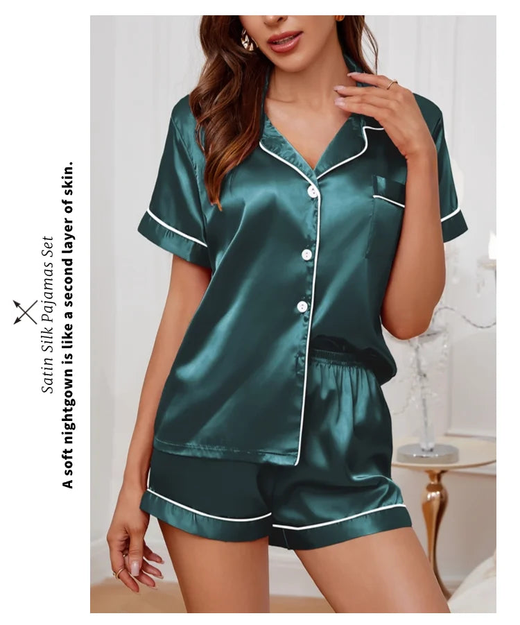 Conjunto de pijama de satén de seda para mujer, Top con botones y pantalones cortos, ropa de dormir con cuello con muescas, ropa de dormir de verano, 2 piezas