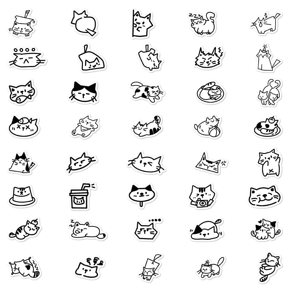 100Pcs stickers de gatos kawaii en varios diseños, ideales para decorar teléfonos y laptops.