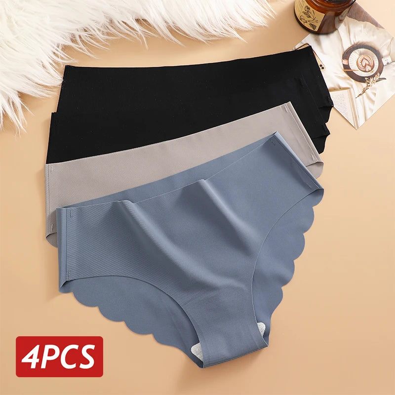 Braguitas de Seda de Hielo sin Costuras, 4 Piezas/Juego, Braguitas de Mujer de Color Sólido, Ropa Interior Elástica, Ultrafinas, sin Rastro, con Laterales Ondulados