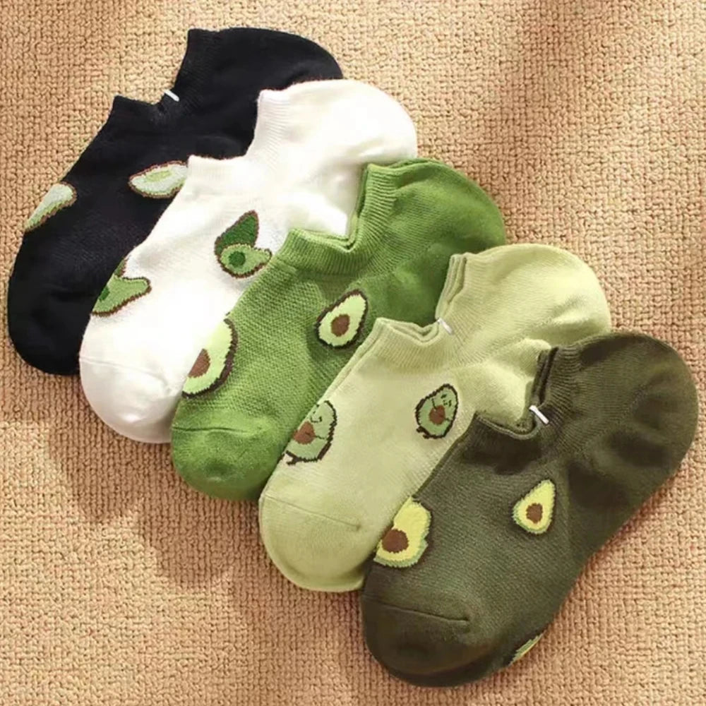 5 pares de calcetines tobilleros de aguacate con dibujos animados, moda fresca, transpirables, cómodos Kawaii para verano y otoño, calcetines náuticos de corte bajo para mujer