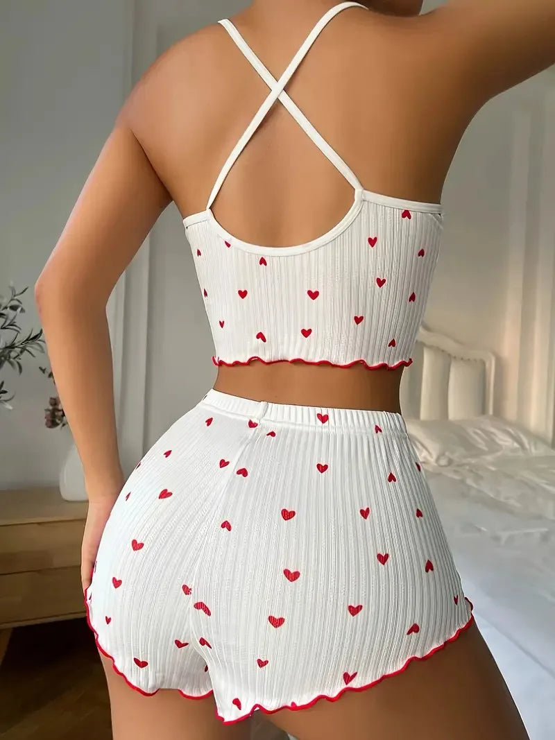 Conjunto de pijamas para mujer, ropa de dormir con estampado de corazón, tela acanalada suave con ribete de volantes coqueto, conjunto de Top y pantalones cortos informales, ropa de descanso