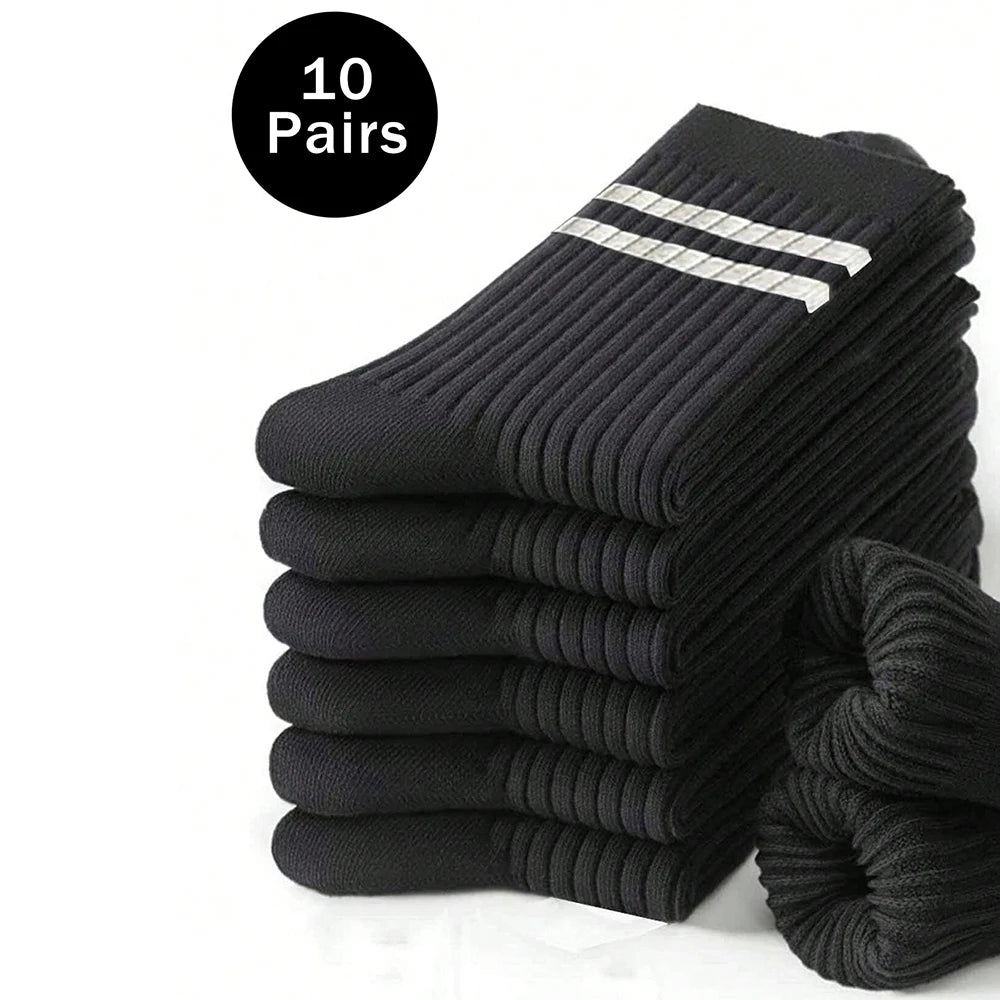 6/10 pares de calcetines para hombre, calcetines sencillos informales a rayas blancas y negras para primavera y otoño, calcetines transpirables de tubo medio, calcetines de cuello redondo de alta calidad