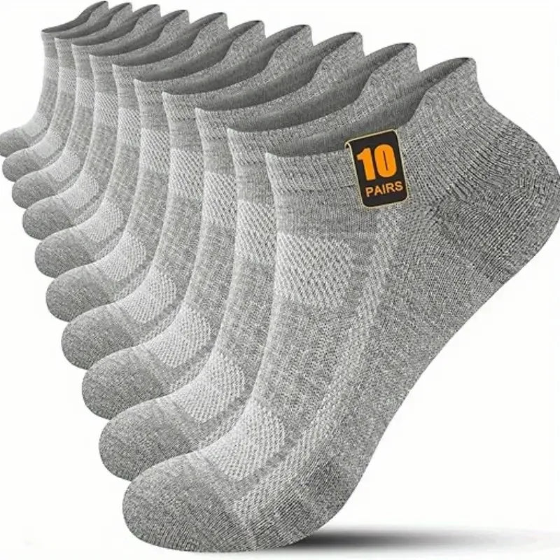 10 pares de calcetines deportivos de corte bajo de Color sólido para hombre, calcetines informales reforzados resistentes al desgaste que absorben el sudor, malla transpirable para todas las estaciones