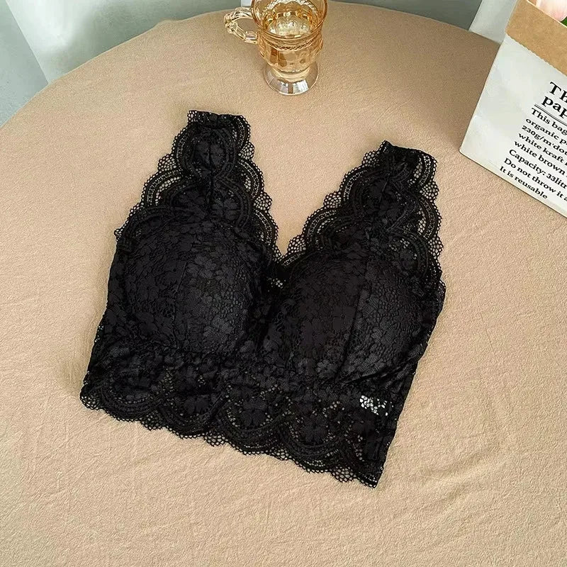 Sujetadores de encaje para mujer, Top con escote en V profundo, lencería Sexy sin aros, camisetas sin mangas, ropa interior femenina, Bralette con espalda en V, camisola acolchada