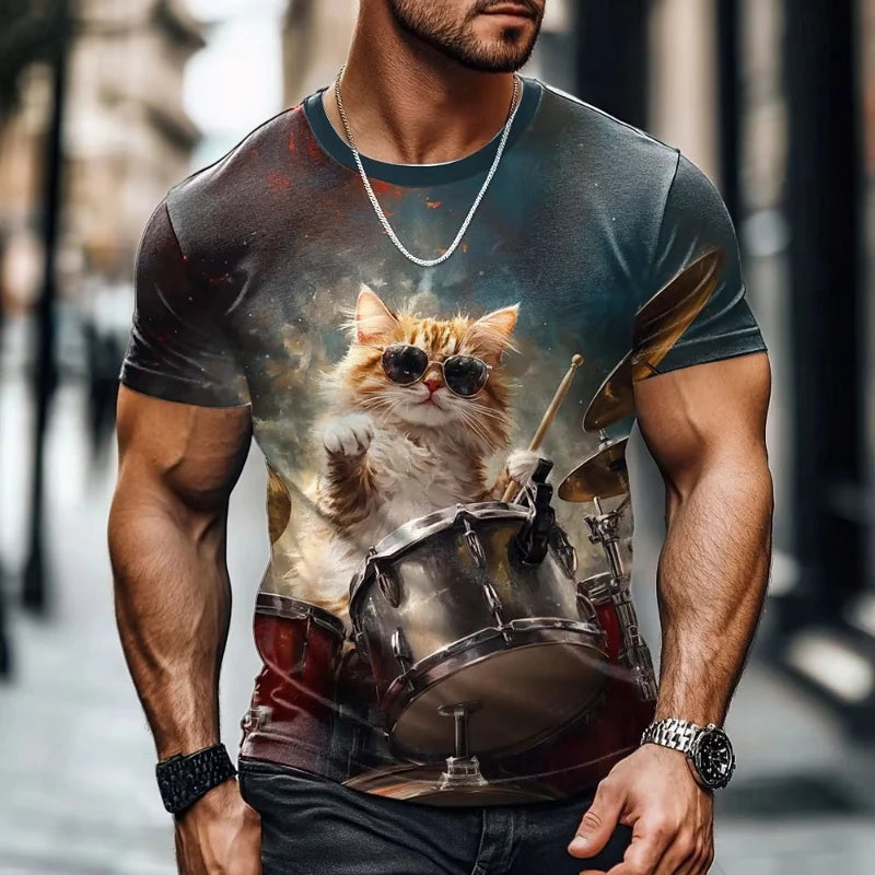 Camiseta con gráfico de gato divertido de verano para hombre, camisetas de manga corta con cuello redondo para ocio al aire libre, ropa holgada con estampado 3D para hombre, camisetas Harajuku