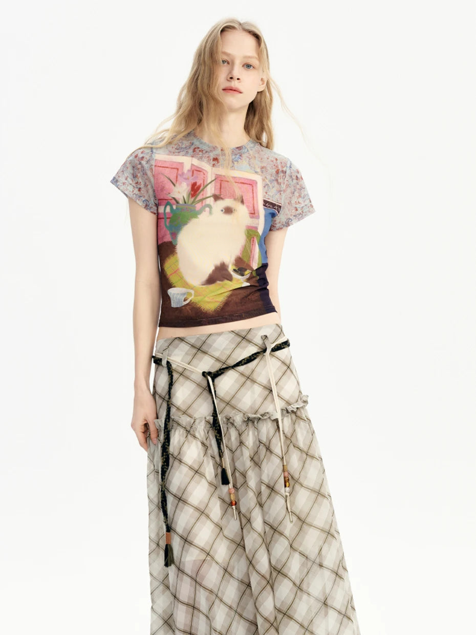 CHEERART-Tops de malla de diseñador de gato para mujer, camisetas gráficas, camisetas bonitas de manga corta, Tops cortos, productos de tendencia 2025