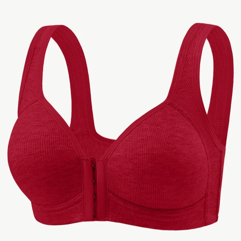 Sujetador de mujer sin aros con cierre frontal, color sólido, cobertura total, copas fijas, más consideradas para personas de mediana edad y mayores individuales
