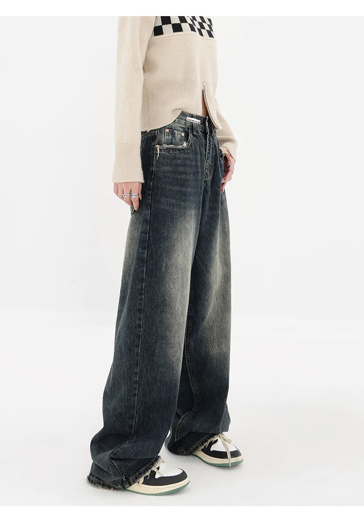 Ropa de calle Harajuku, moda Retro, pantalones vaqueros de cintura alta para mujer, pantalones vaqueros holgados rectos de pierna ancha Y2K, pantalones holgados