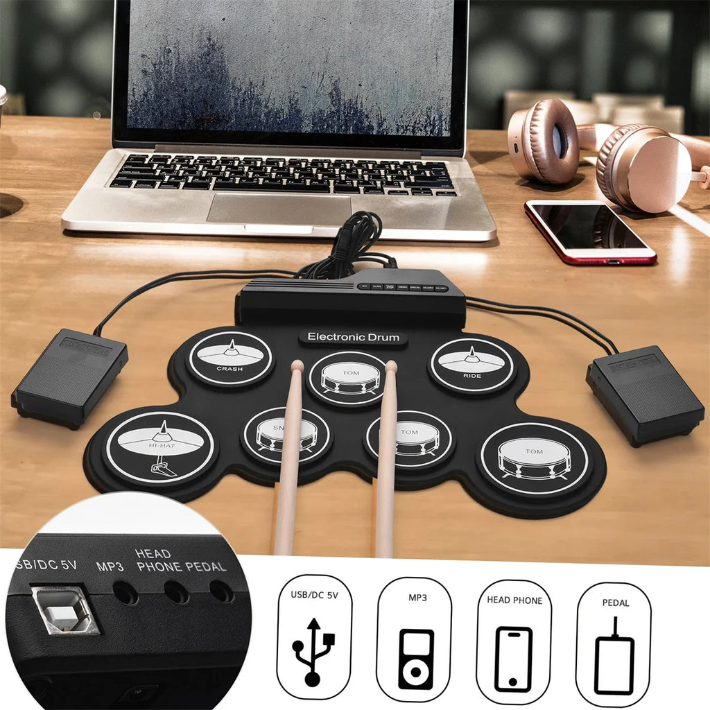 Rollo de mano de silicona plegable, tambor electrónico USB, Kit de almohadilla de práctica portátil con baquetas, Pedal de sostenido, novedad de 2022