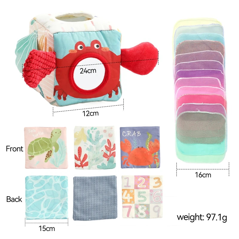 Juguete Montessori para bebé, caja de pañuelos mágicos de algodón, juego de mesa ocupado para ejercicio de los dedos, juguete educativo, juego de sonajero suave, libro de tela, regalo