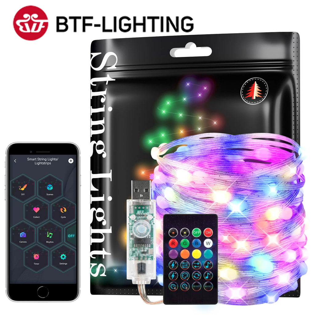 Dreamcolor cadena de luces navideñas BT música WS2812B RGBIC iluminación direccionable fiesta boda guirnalda decoración al aire libre USB DC5V