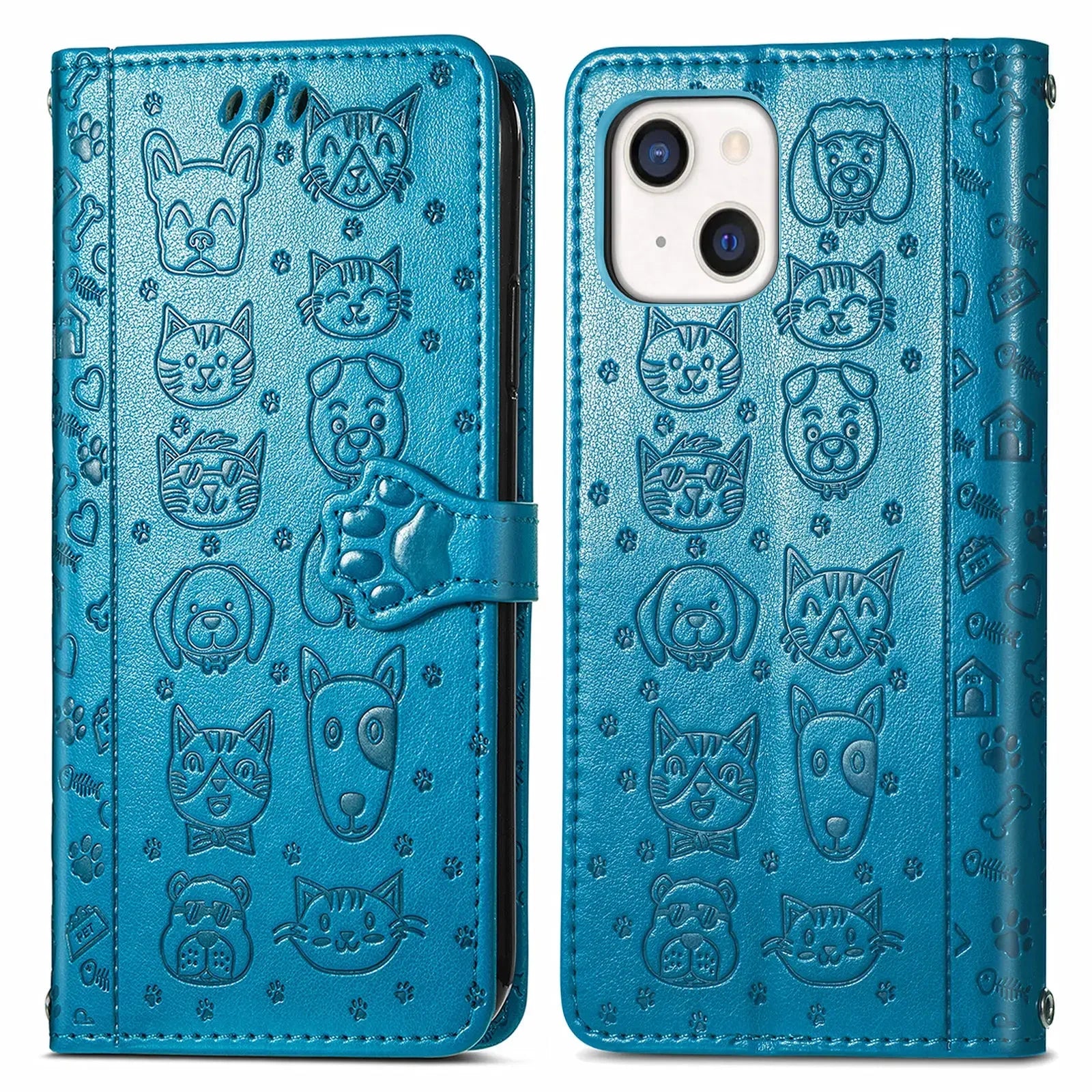Funda de cuero de lujo con diseño de perro y gato para iPhone 16 15 14 13 12 11 Pro X XR XS MAX 8 7 Plus, bonita funda para teléfono con ranuras para tarjetas, cartera Coque