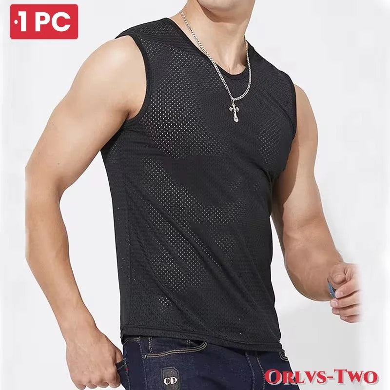 Camisetas sin mangas de malla de seda helada para hombre, camiseta sin mangas transparente para culturismo, chaleco de Fitness, camisetas musculosas de malla para hombre, 1 ud.